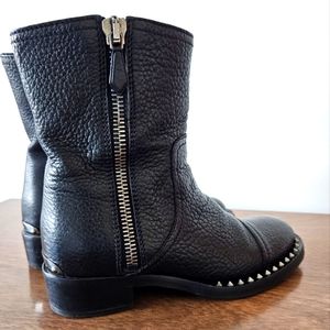 MUI MIU Black Pebbled Leather Silver Zipper Moto Boots